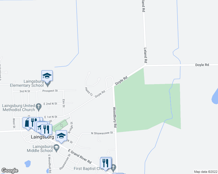 map of restaurants, bars, coffee shops, grocery stores, and more near 413 Doyle Road in Laingsburg