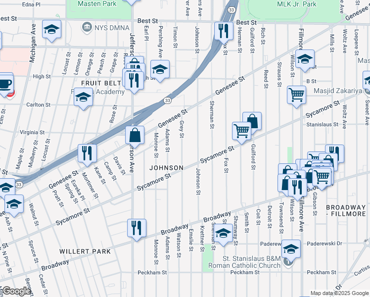 map of restaurants, bars, coffee shops, grocery stores, and more near 173 Grey Street in Buffalo