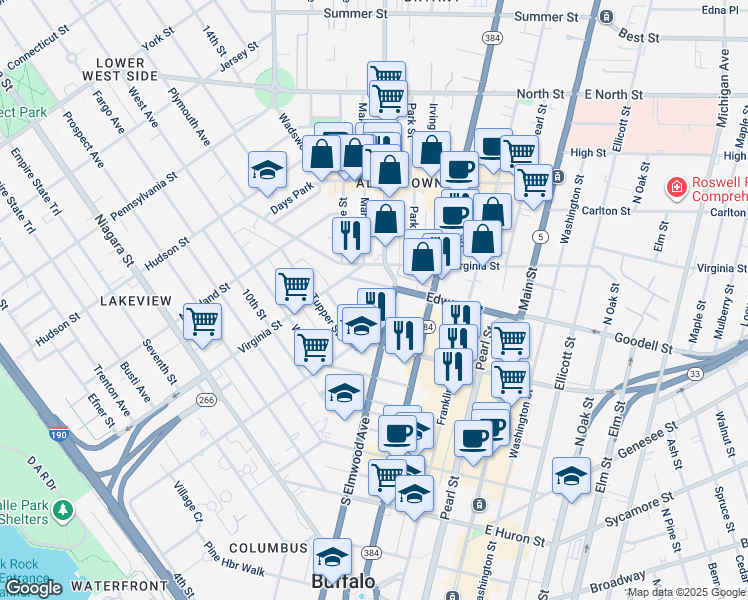 map of restaurants, bars, coffee shops, grocery stores, and more near 47 Trinity Place in Buffalo