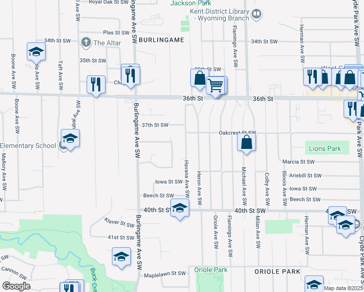 map of restaurants, bars, coffee shops, grocery stores, and more near 3754 Parkland Avenue Southwest in Wyoming