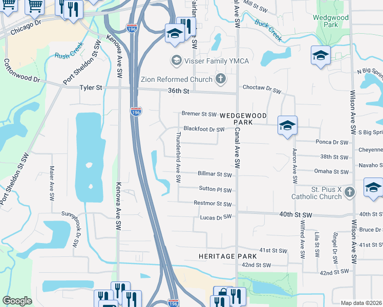 map of restaurants, bars, coffee shops, grocery stores, and more near 4553 Wyatt Street Southwest in Grandville