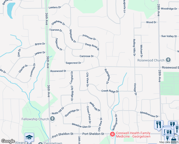 map of restaurants, bars, coffee shops, grocery stores, and more near 6954 City View Drive in Hudsonville