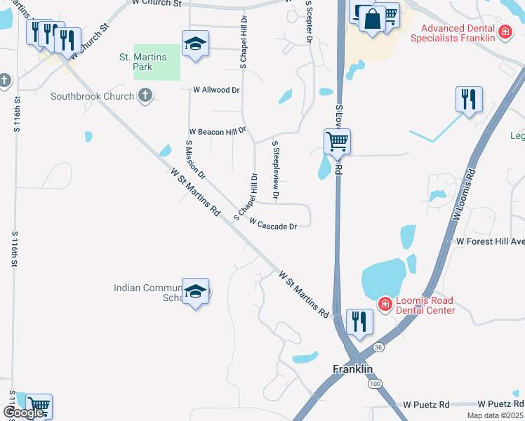 map of restaurants, bars, coffee shops, grocery stores, and more near 10330 West Cascade Drive in Franklin