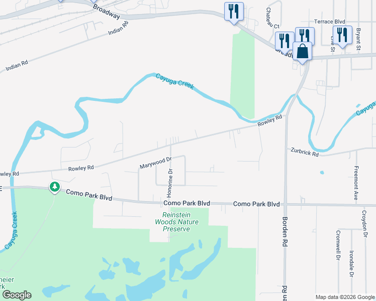 map of restaurants, bars, coffee shops, grocery stores, and more near 96 Marywood Drive in Depew