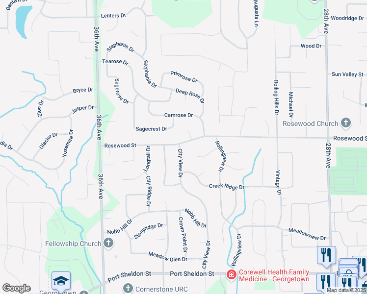 map of restaurants, bars, coffee shops, grocery stores, and more near 6954 City View Drive in Hudsonville