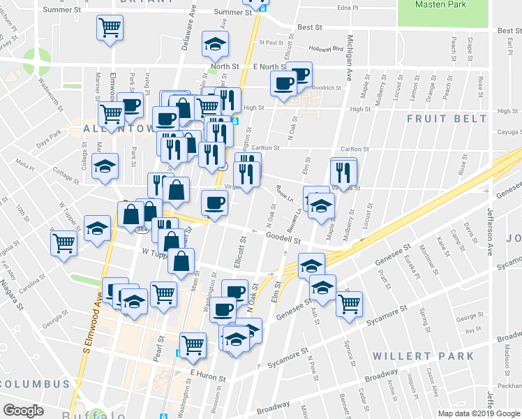 map of restaurants, bars, coffee shops, grocery stores, and more near 589 Ellicott Street in Buffalo