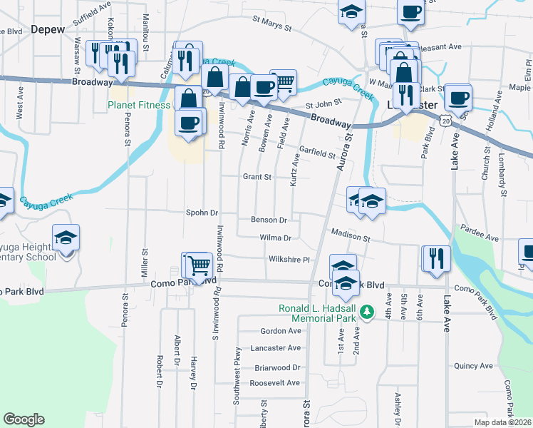 map of restaurants, bars, coffee shops, grocery stores, and more near 23 Benson Drive in Lancaster