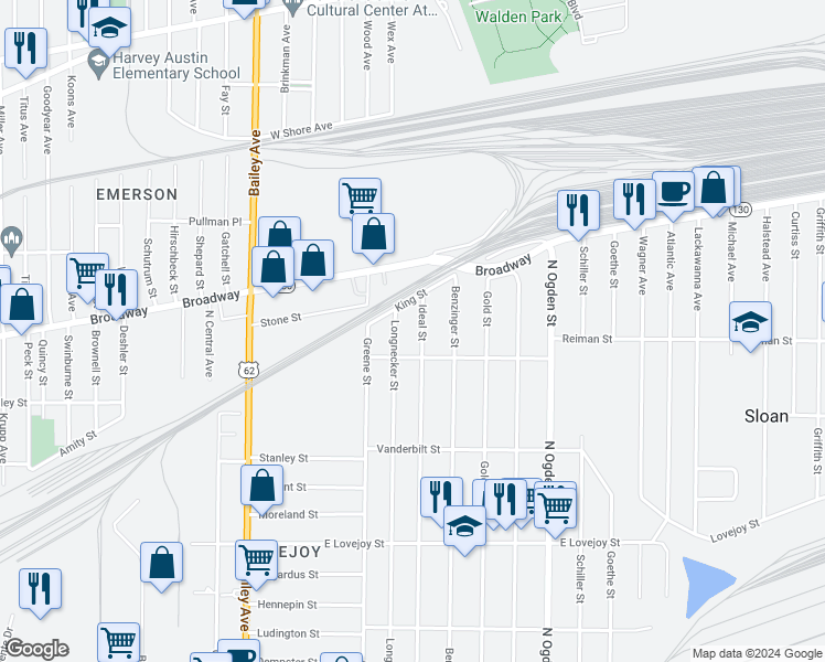 map of restaurants, bars, coffee shops, grocery stores, and more near 393 Ideal Street in Buffalo