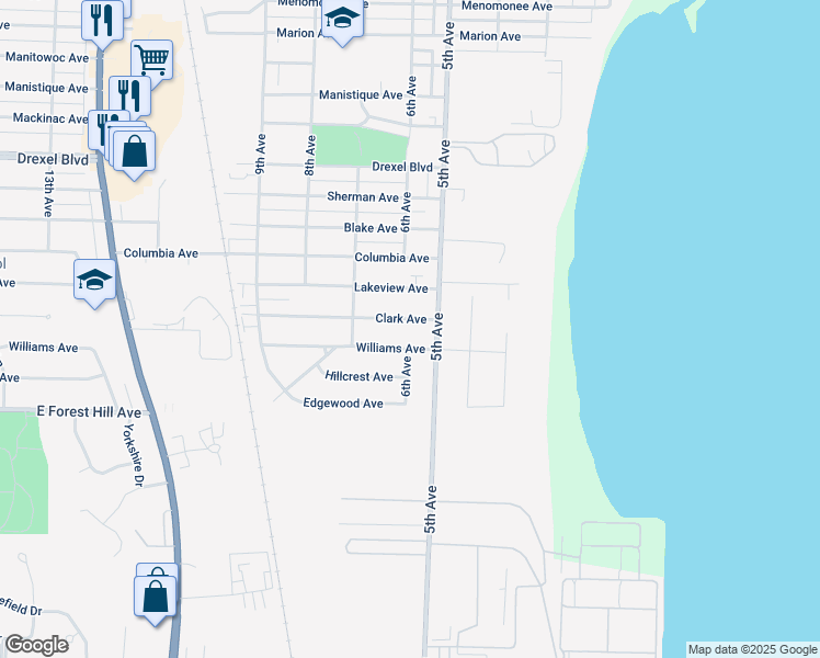 map of restaurants, bars, coffee shops, grocery stores, and more near 514 Williams Avenue in South Milwaukee
