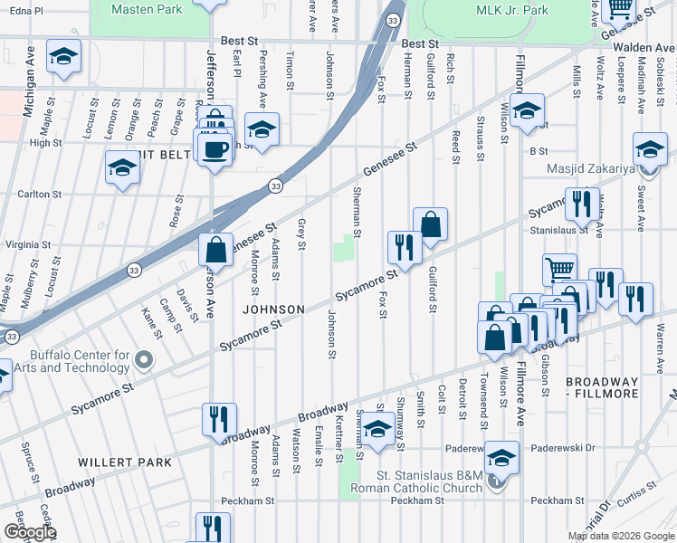 map of restaurants, bars, coffee shops, grocery stores, and more near 438 Sherman Street in Buffalo