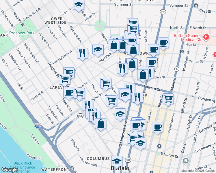map of restaurants, bars, coffee shops, grocery stores, and more near 302 Virginia Street in Buffalo