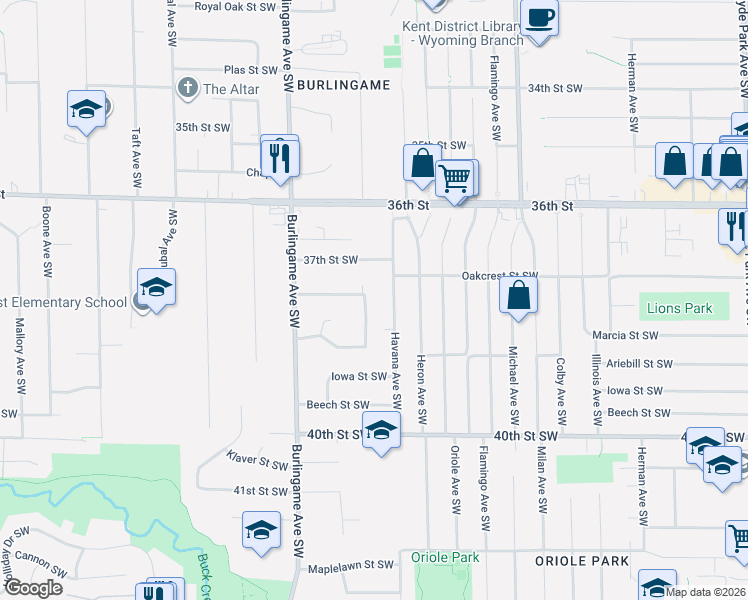 map of restaurants, bars, coffee shops, grocery stores, and more near 3754 Parkland Avenue Southwest in Wyoming