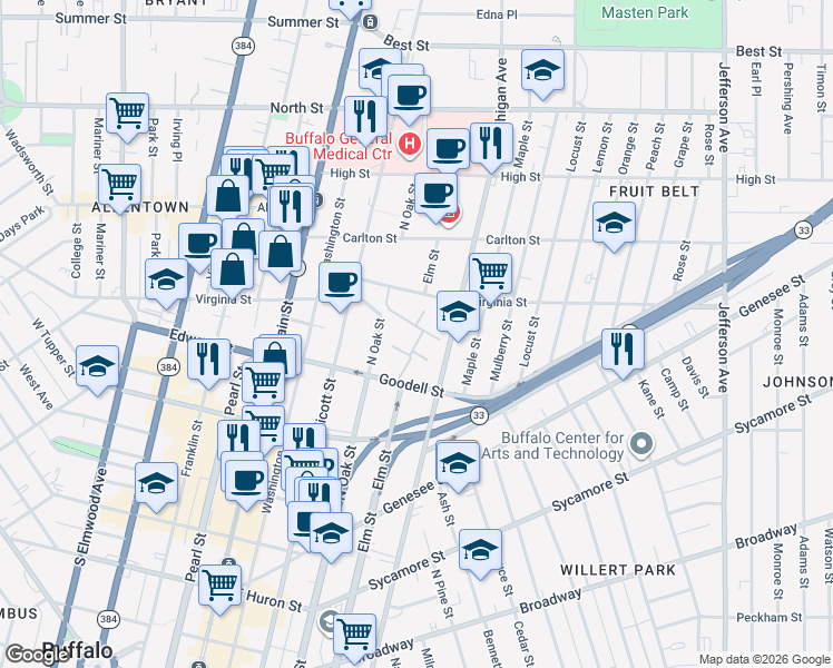 map of restaurants, bars, coffee shops, grocery stores, and more near 818 Michigan Avenue in Buffalo