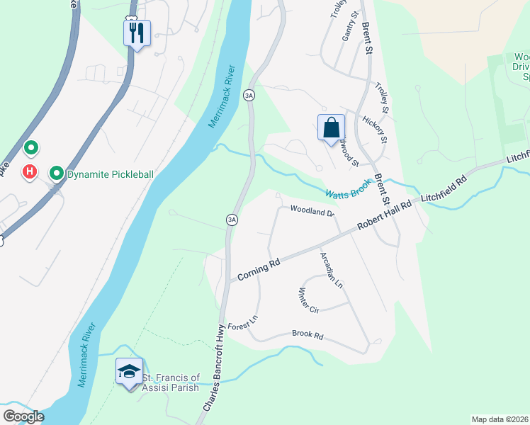 map of restaurants, bars, coffee shops, grocery stores, and more near 19 Woodland Drive in Litchfield