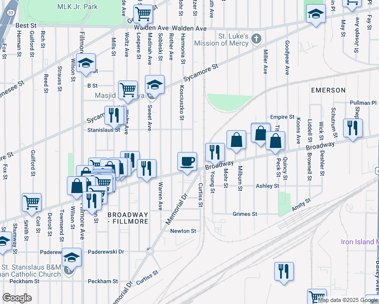 map of restaurants, bars, coffee shops, grocery stores, and more near 1224 Broadway in Buffalo