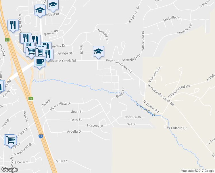 map of restaurants, bars, coffee shops, grocery stores, and more near 1144 Freeman Lane in Pocatello