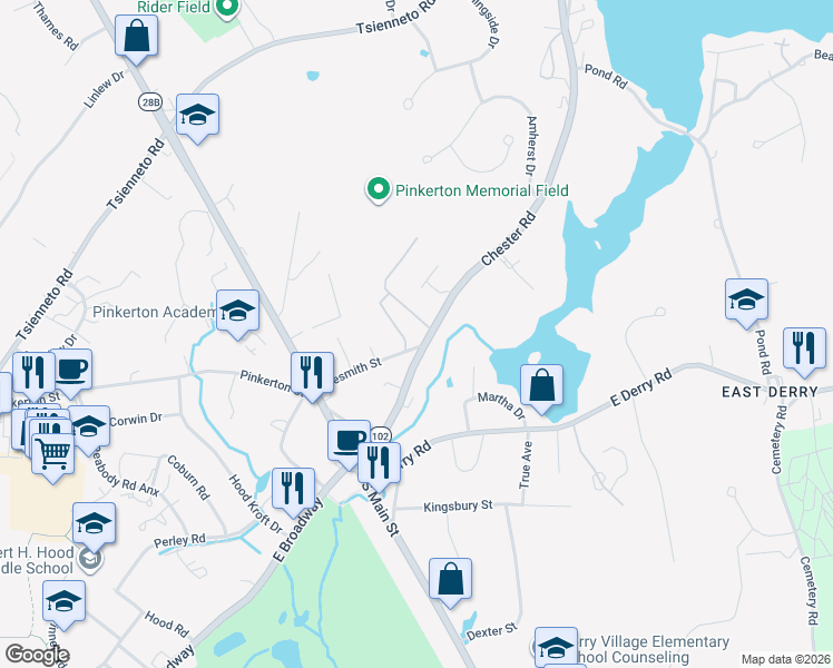map of restaurants, bars, coffee shops, grocery stores, and more near 1 Silvestri Circle in Derry