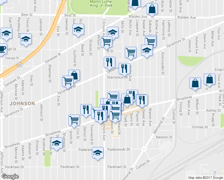 map of restaurants, bars, coffee shops, grocery stores, and more near 376 Gibson St in Buffalo