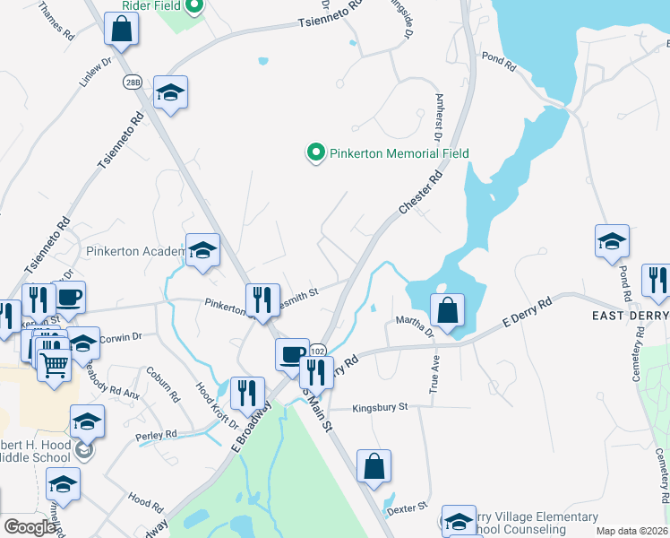 map of restaurants, bars, coffee shops, grocery stores, and more near 1 Silvestri Circle in Derry