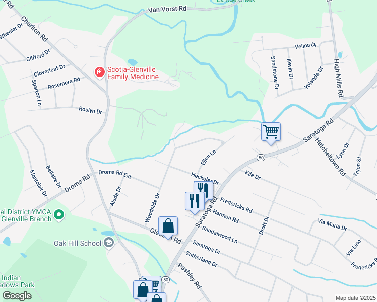 map of restaurants, bars, coffee shops, grocery stores, and more near 32 Woodside Drive in Schenectady