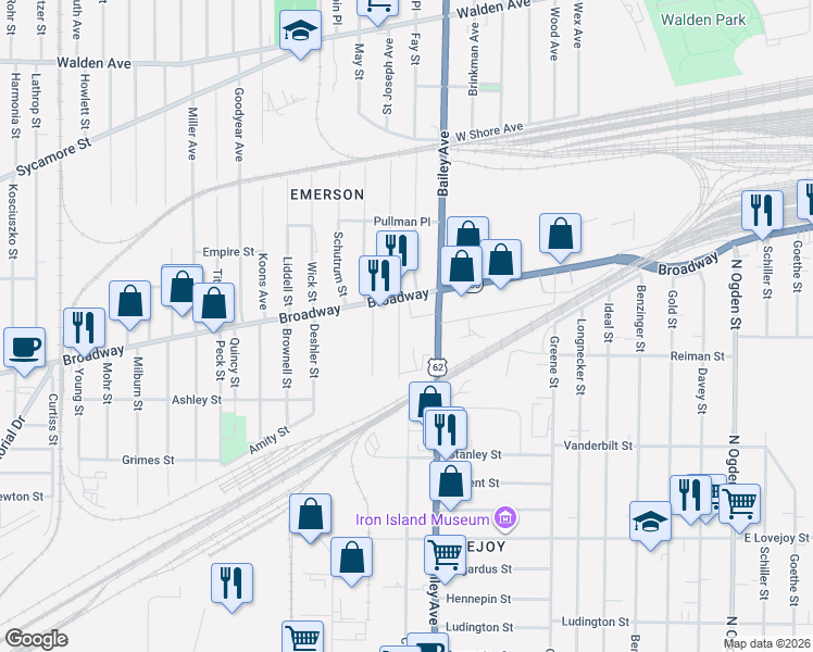 map of restaurants, bars, coffee shops, grocery stores, and more near 40 North Central Avenue in Buffalo