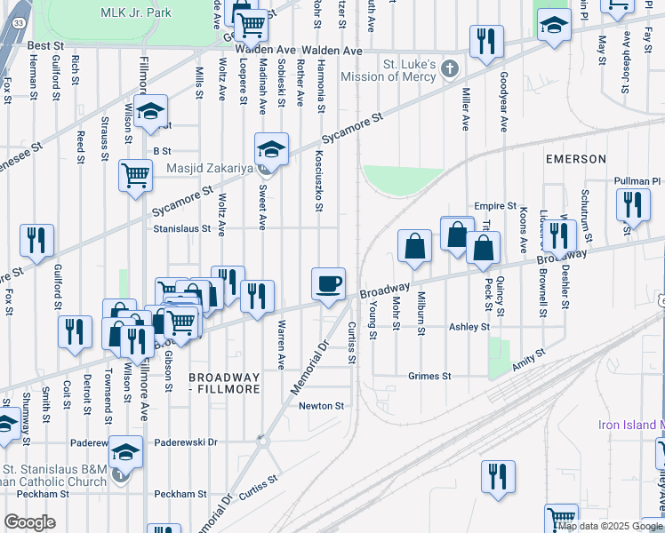 map of restaurants, bars, coffee shops, grocery stores, and more near 1224 Broadway in Buffalo