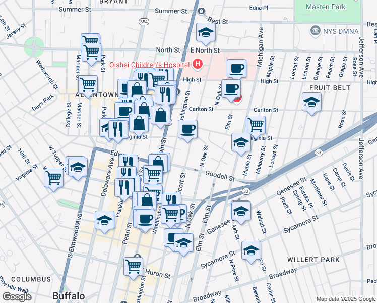 map of restaurants, bars, coffee shops, grocery stores, and more near 589 Ellicott Street in Buffalo