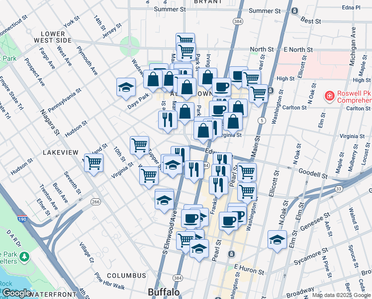map of restaurants, bars, coffee shops, grocery stores, and more near 47 Trinity Place in Buffalo