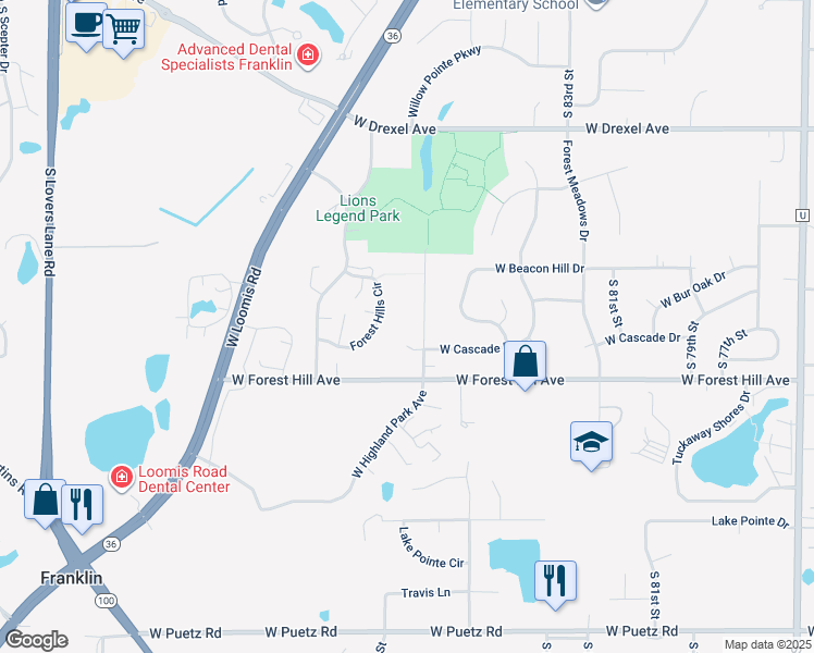 map of restaurants, bars, coffee shops, grocery stores, and more near 8252 South 88th Street in Franklin