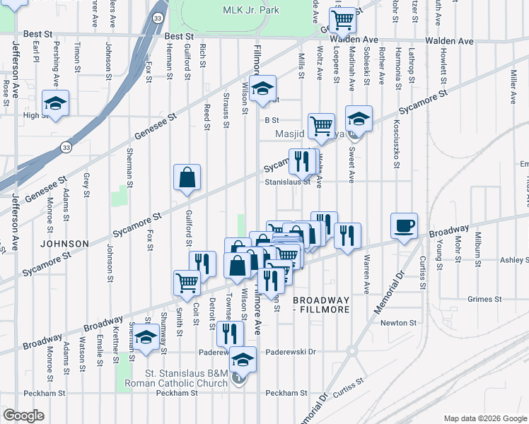 map of restaurants, bars, coffee shops, grocery stores, and more near 360 Gibson Street in Buffalo