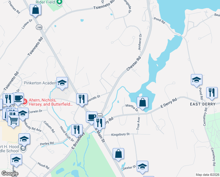 map of restaurants, bars, coffee shops, grocery stores, and more near 1 Silvestri Circle in Derry