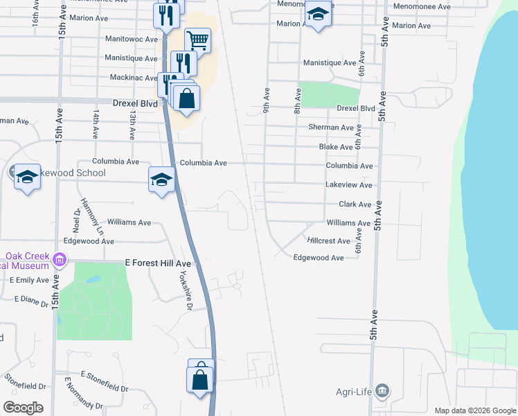 map of restaurants, bars, coffee shops, grocery stores, and more near 3604 9th Avenue in South Milwaukee