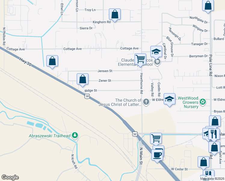 map of restaurants, bars, coffee shops, grocery stores, and more near 1375 Ridge St in Pocatello