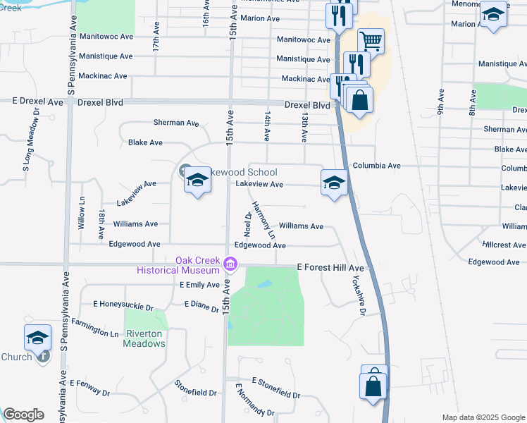 map of restaurants, bars, coffee shops, grocery stores, and more near 3607 Harmony Lane in South Milwaukee