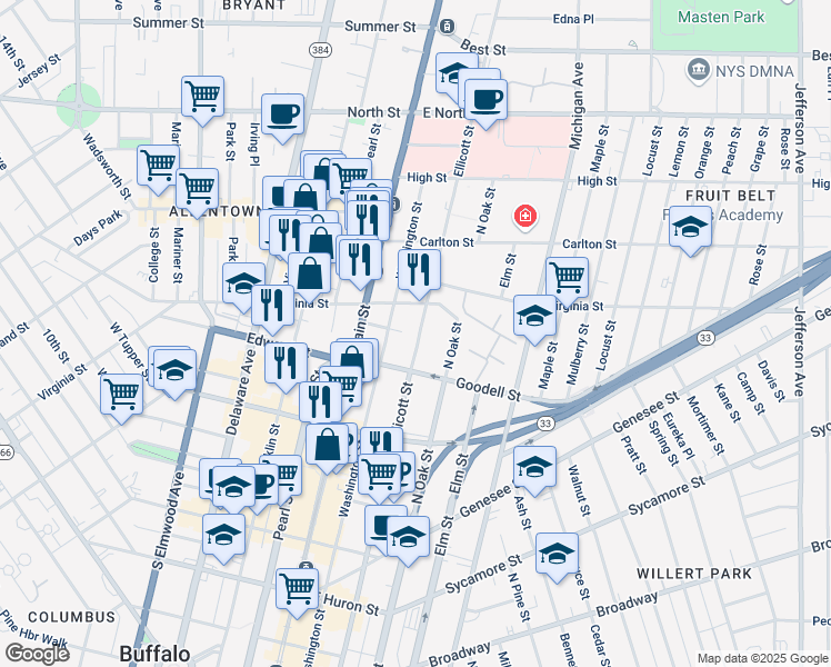 map of restaurants, bars, coffee shops, grocery stores, and more near 640 Ellicott Street in Buffalo