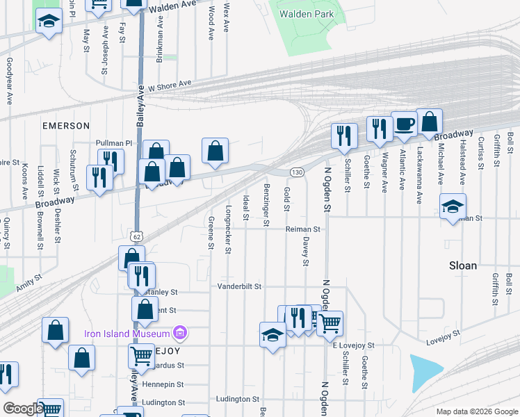 map of restaurants, bars, coffee shops, grocery stores, and more near 393 Ideal Street in Buffalo