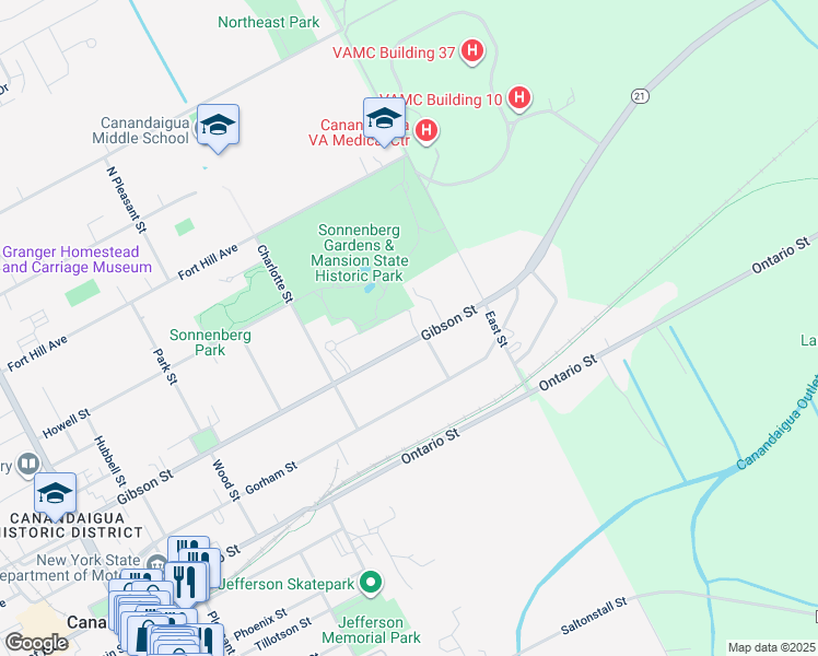 map of restaurants, bars, coffee shops, grocery stores, and more near 298 Gibson Street in Canandaigua