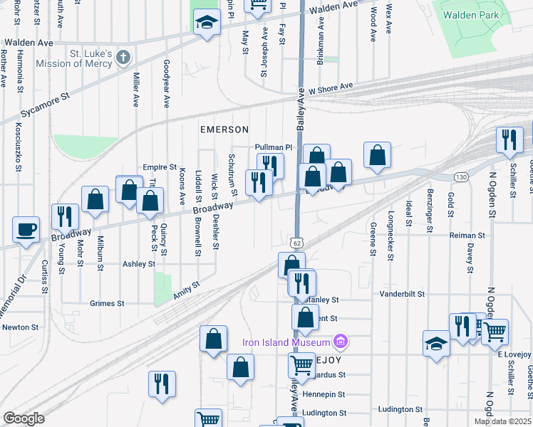 map of restaurants, bars, coffee shops, grocery stores, and more near 40 North Central Avenue in Buffalo
