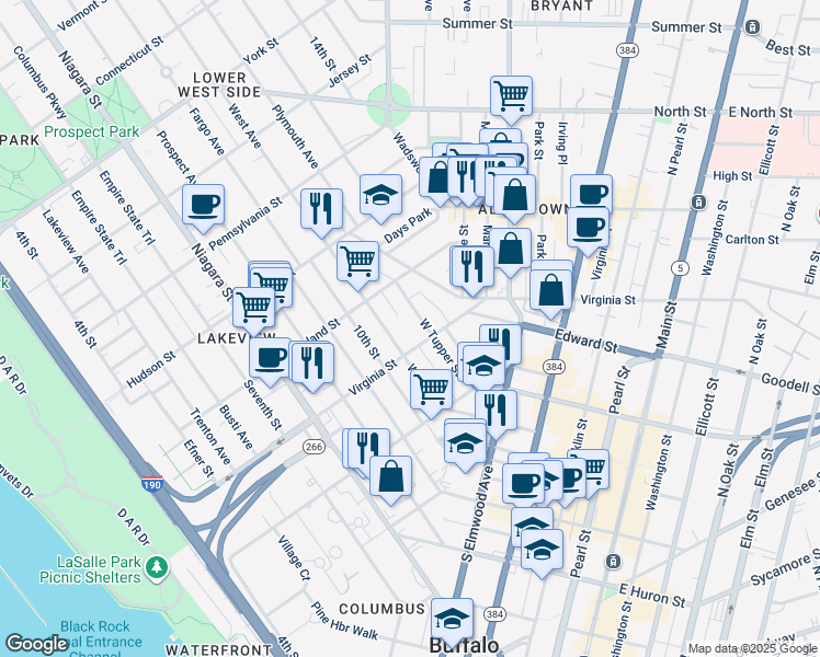 map of restaurants, bars, coffee shops, grocery stores, and more near 299 Virginia Street in Buffalo