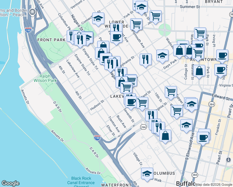 map of restaurants, bars, coffee shops, grocery stores, and more near 430 Niagara Street in Buffalo