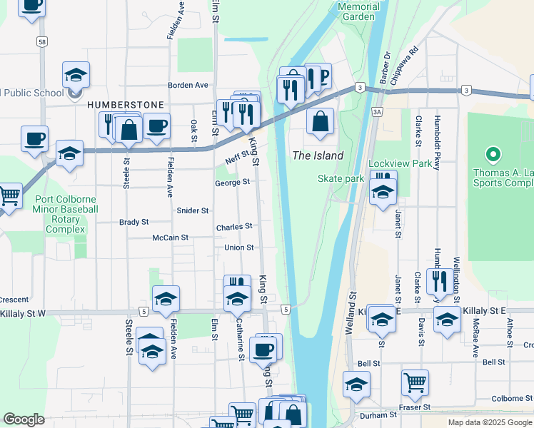 map of restaurants, bars, coffee shops, grocery stores, and more near in Port Colborne