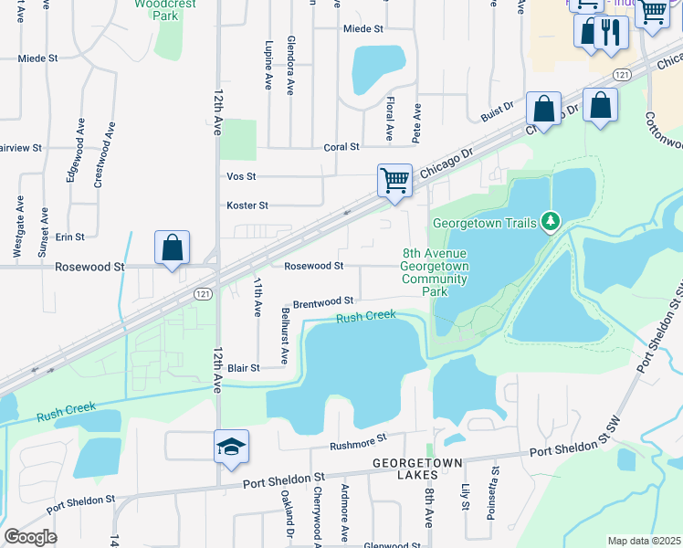 map of restaurants, bars, coffee shops, grocery stores, and more near 981 Brentwood Street in Georgetown Township