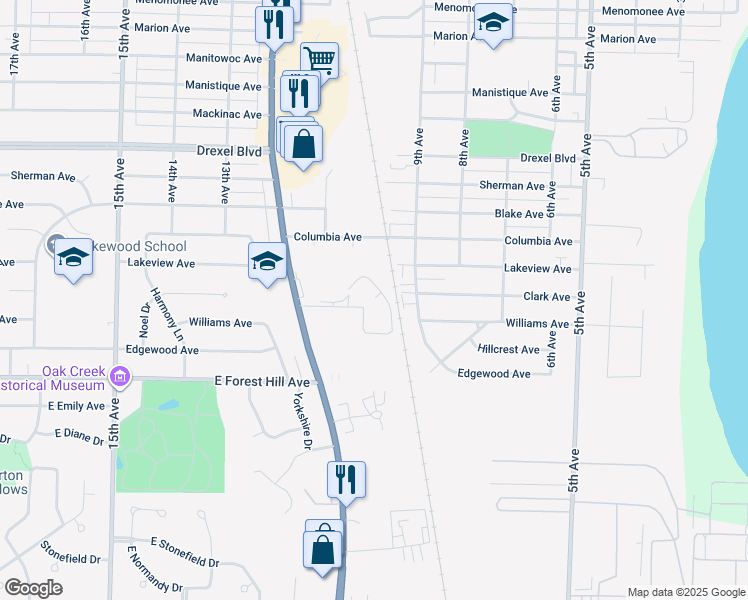 map of restaurants, bars, coffee shops, grocery stores, and more near 703 Williams Avenue in South Milwaukee