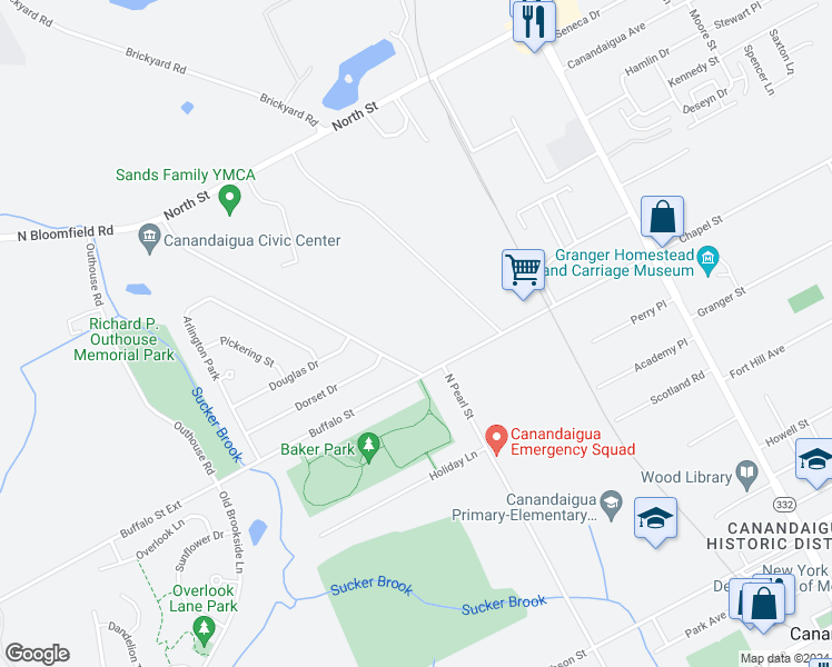 map of restaurants, bars, coffee shops, grocery stores, and more near 125 North Bloomfield Road in Canandaigua