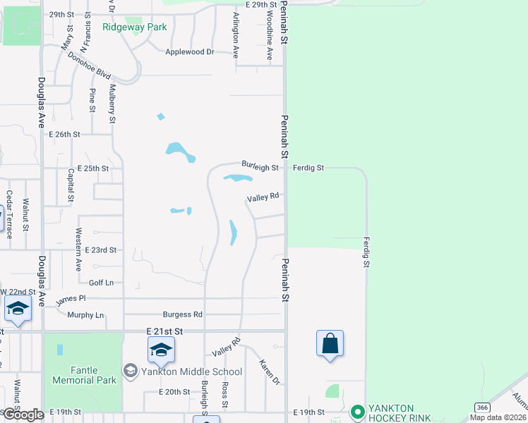 map of restaurants, bars, coffee shops, grocery stores, and more near 800 Jason Way in Yankton