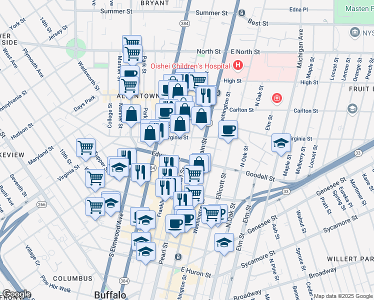 map of restaurants, bars, coffee shops, grocery stores, and more near 41 Edward Street in Buffalo