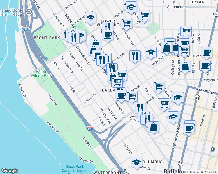 map of restaurants, bars, coffee shops, grocery stores, and more near 145 Hudson Street in Buffalo