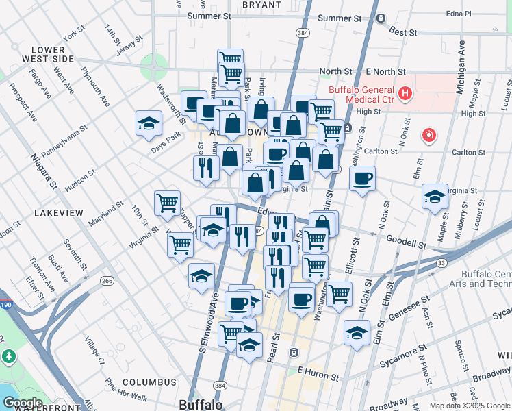 map of restaurants, bars, coffee shops, grocery stores, and more near 430 Delaware Avenue in Buffalo