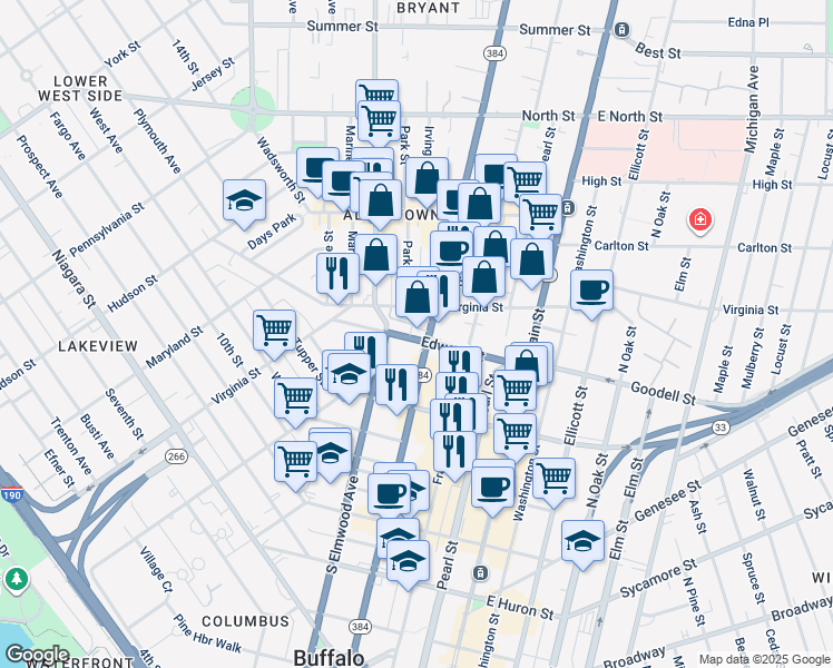map of restaurants, bars, coffee shops, grocery stores, and more near 410 Delaware Avenue in Buffalo