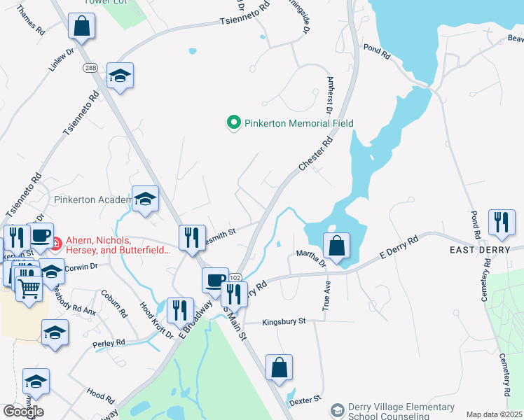 map of restaurants, bars, coffee shops, grocery stores, and more near 1 Silvestri Circle in Derry
